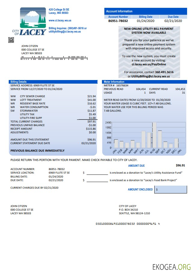 USA Washington City of Lacey water utility bill template in Word and PDF format (proof of address)